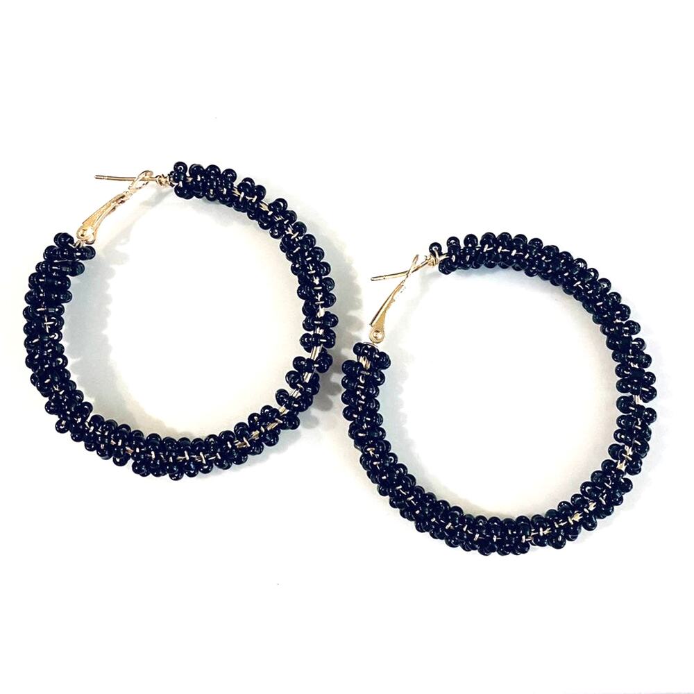 Black Beaded Hoop Earrings 2"